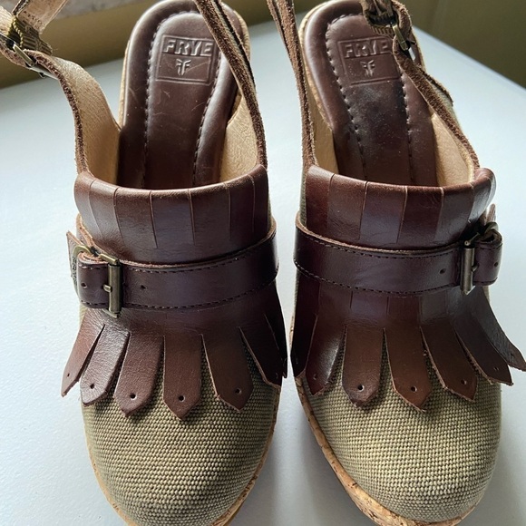 Frye Pepper Kilte Slingbacks Wedges 7.5 Fabric Leather Cork Fringe Heel Women’s - Picture 1 of 12